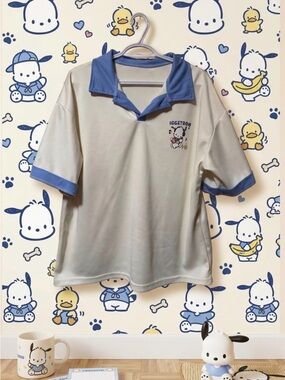 Cream Polo Top with Light Blue Trim and Pochacco Graphic